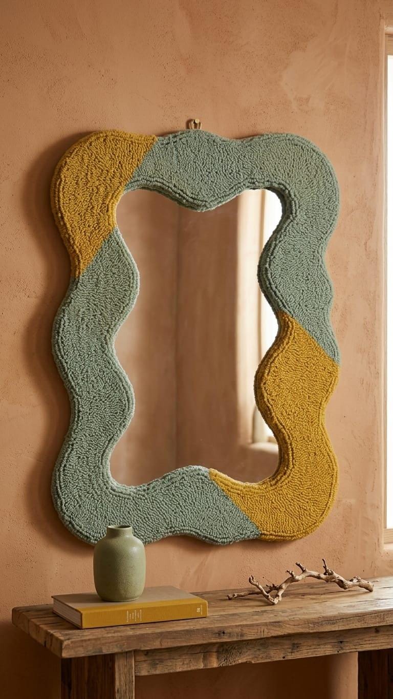 Tufted Wavy Mirror, Sage Green Mustard Yellow Punch Needle Wall Art