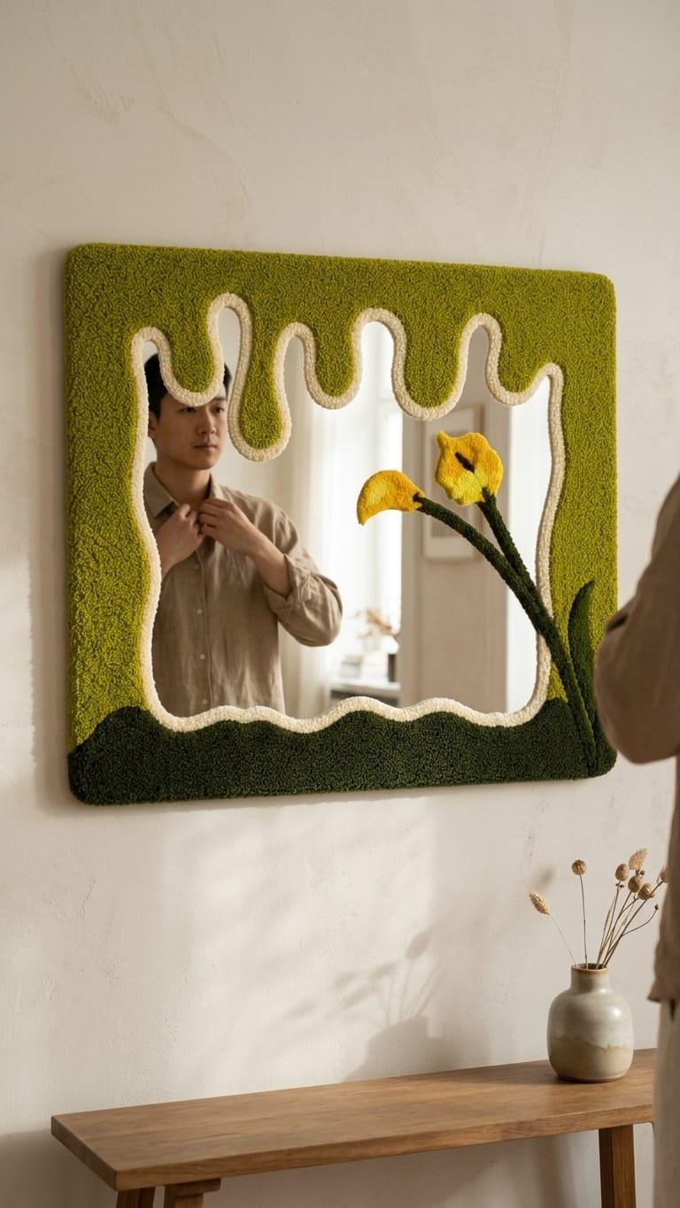 Tufted Wavy Mirror | Calla Lily Punch Needle Wall Art, Botanical Drip Decor