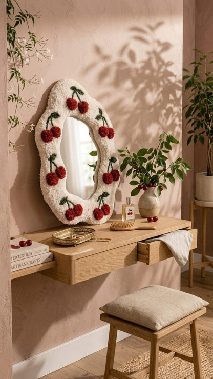 Tufted Cherry Mirror | Wavy Punch Needle Wall Art, Coquette Room Decor
