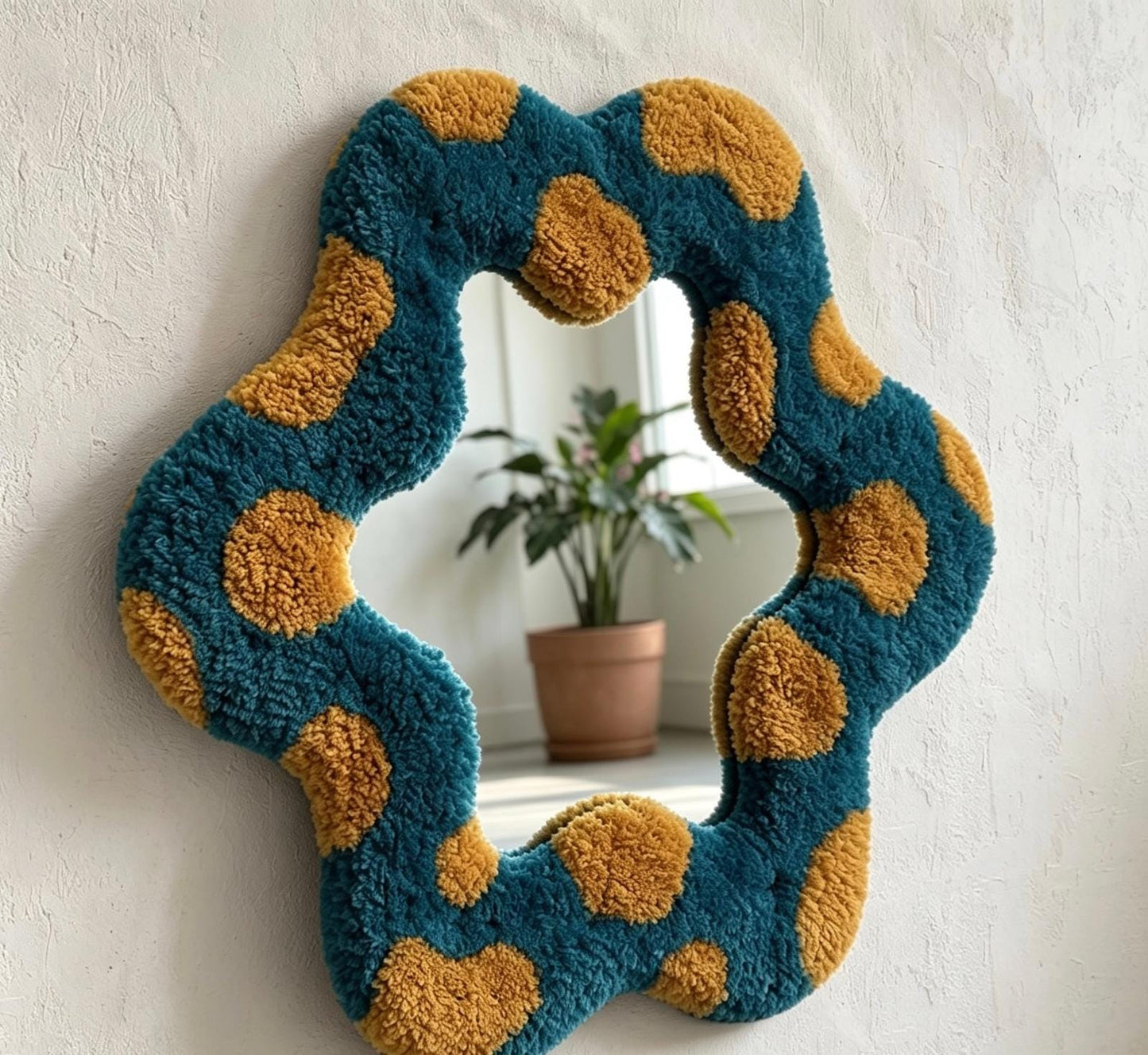 Handmade Tufted Flower Mirror, Blue Wavy Plush Vanity Mirror