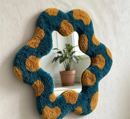 Handmade Tufted Flower Mirror, Blue Wavy Plush Vanity Mirror