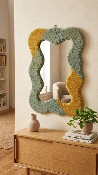 Tufted Wavy Mirror, Sage Green Mustard Yellow Punch Needle Wall Art