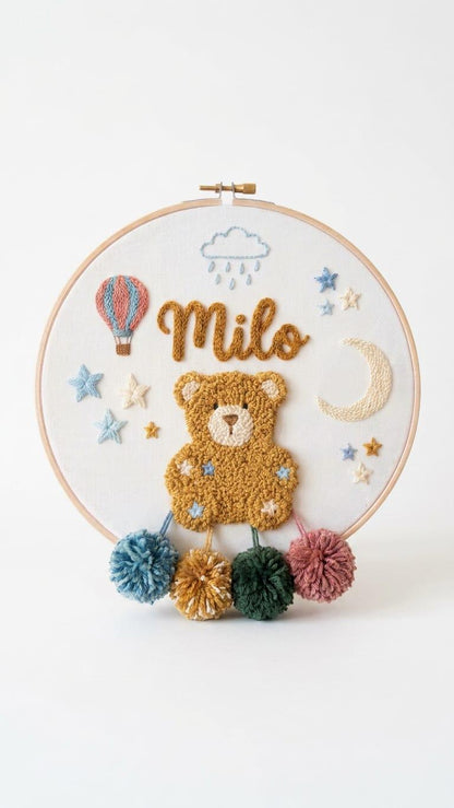 Personalized Teddy Bear Punch Needle Hoop Art, Boho Nursery Decor, Custom Name Sign