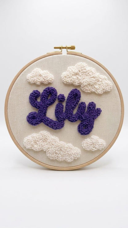 Personalized Punch Needle Hoop Art, Custom Name Sign, Nursery Cloud Decor