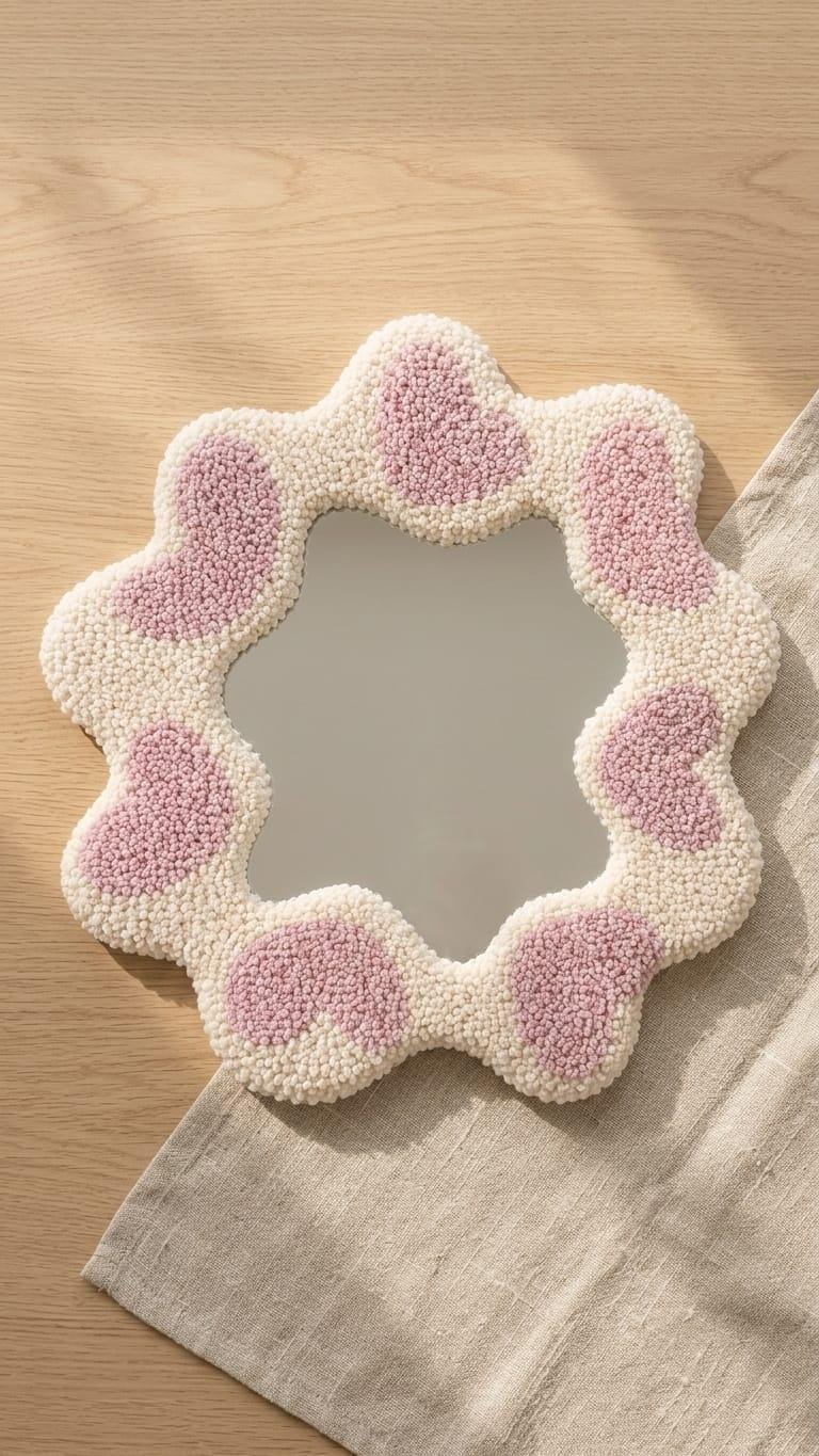 Tufted Heart Mirror, Wavy Pink Punch Needle Wall Decor, Danish Pastel Room Accessory
