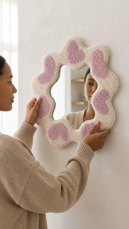 Tufted Heart Mirror, Wavy Pink Punch Needle Wall Decor, Danish Pastel Room Accessory