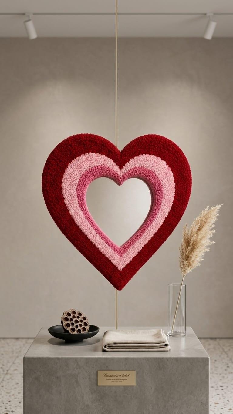 Heart Shaped Mirror, Tufted Heart Mirror, Pink and Red Wall Decor, Handmade Mirror, Coquette Room Decor, Funky Bedroom Mirror, Romantic Gift