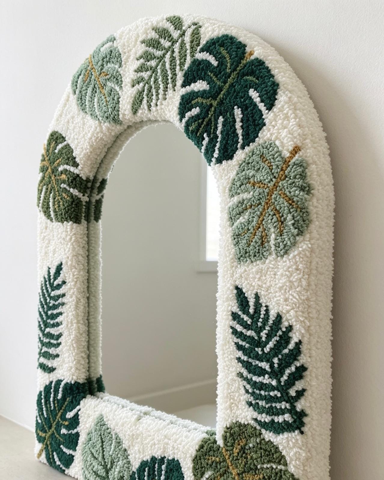 Tufted Arch Mirror with Monstera Leaves, Punch Needle Botanical Wall Decor