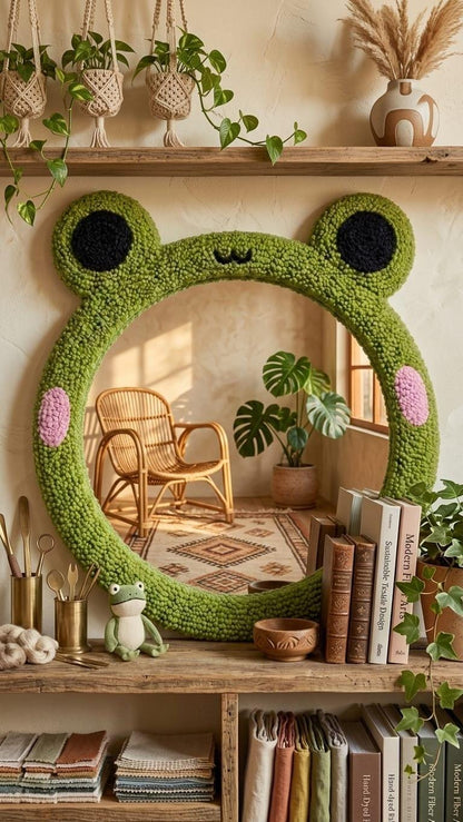 Tufted Frog Mirror | Cute Kawaii Punch Needle Wall Art | Green Frogcore Room Decor | Animal Shaped Mirror | Whimsical Nursery Gift