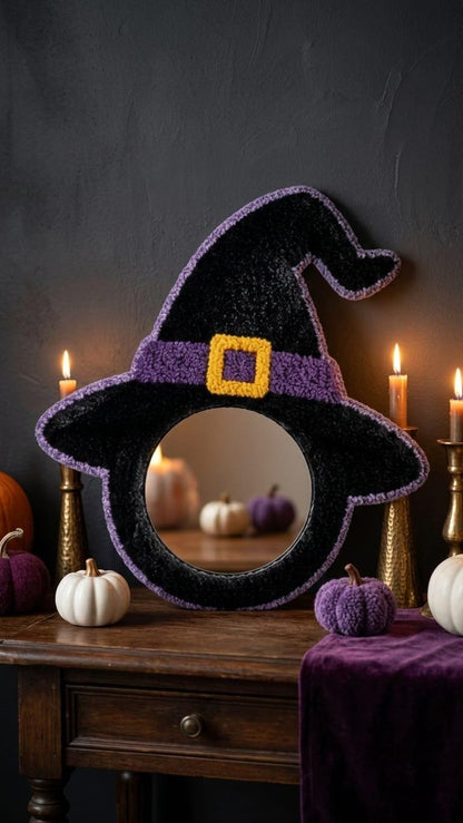 Witch Hat Mirror, Halloween Mirror, Tufted Wall Mirror, Witchy Room Decor, Spooky Wall Decor, Purple Halloween Decor, Handmade Witch Gift