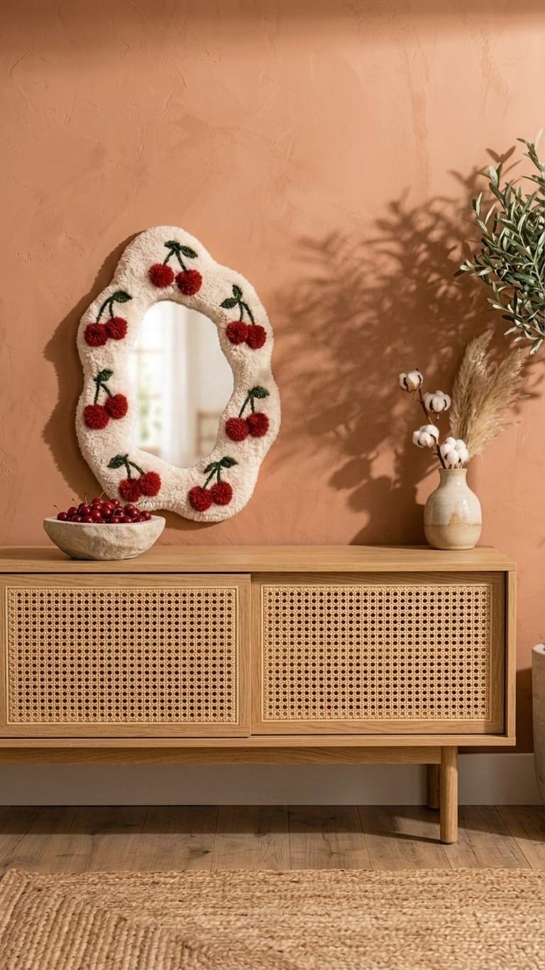 Tufted Cherry Mirror | Wavy Punch Needle Wall Art, Coquette Room Decor