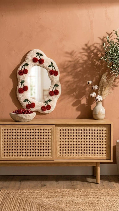 Tufted Cherry Mirror | Wavy Punch Needle Wall Art, Coquette Room Decor