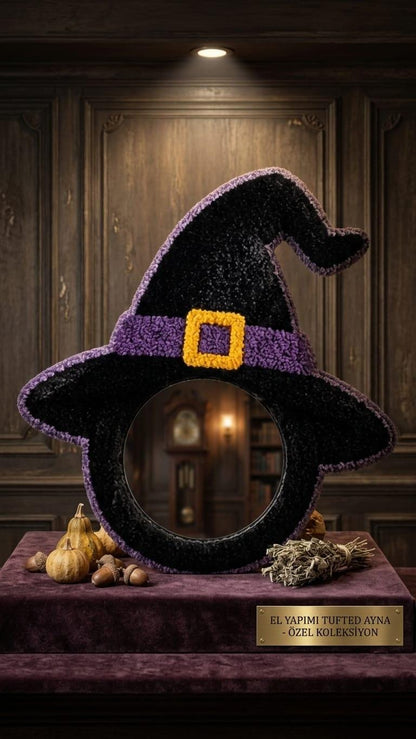 Witch Hat Mirror, Halloween Mirror, Tufted Wall Mirror, Witchy Room Decor, Spooky Wall Decor, Purple Halloween Decor, Handmade Witch Gift