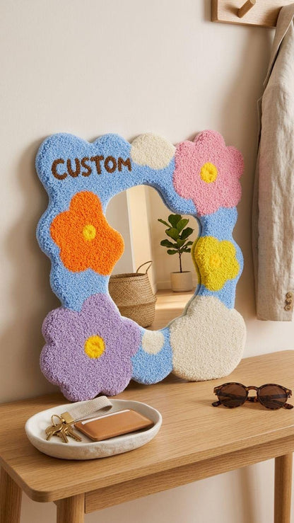 Custom Tufted Flower Mirror, Handmade Wavy Punch Needle Decor