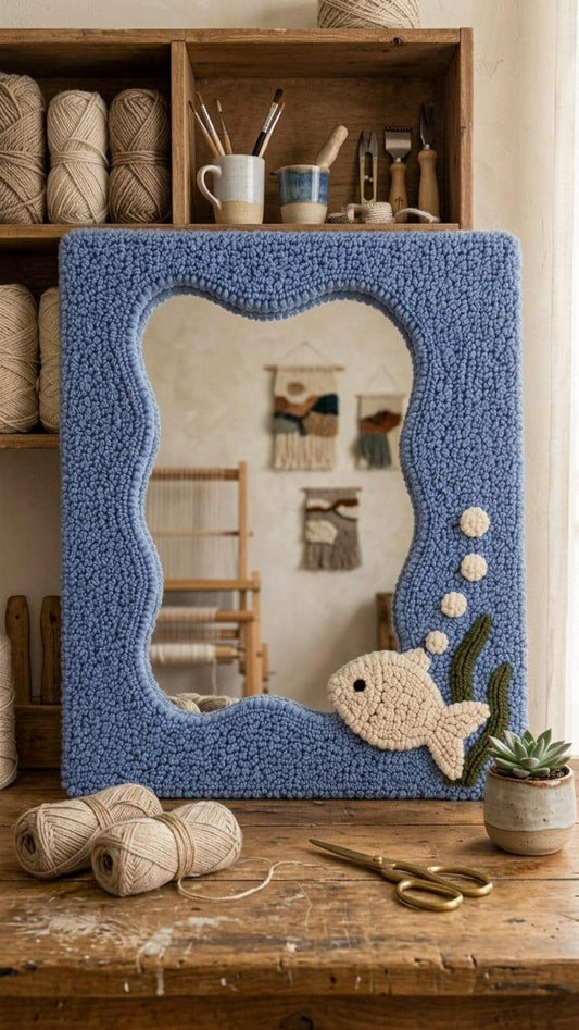 Fish Mirror, Tufted Wall Mirror, Ocean Wall Decor, Nautical Room Decor, Kids Room Mirror, Handmade Blue Mirror, Sea Life Decor