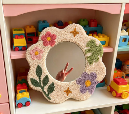 Tufted Floral Mirror, Punch Needle Wavy Room Decor, Pastel Flower Vanity Mirror