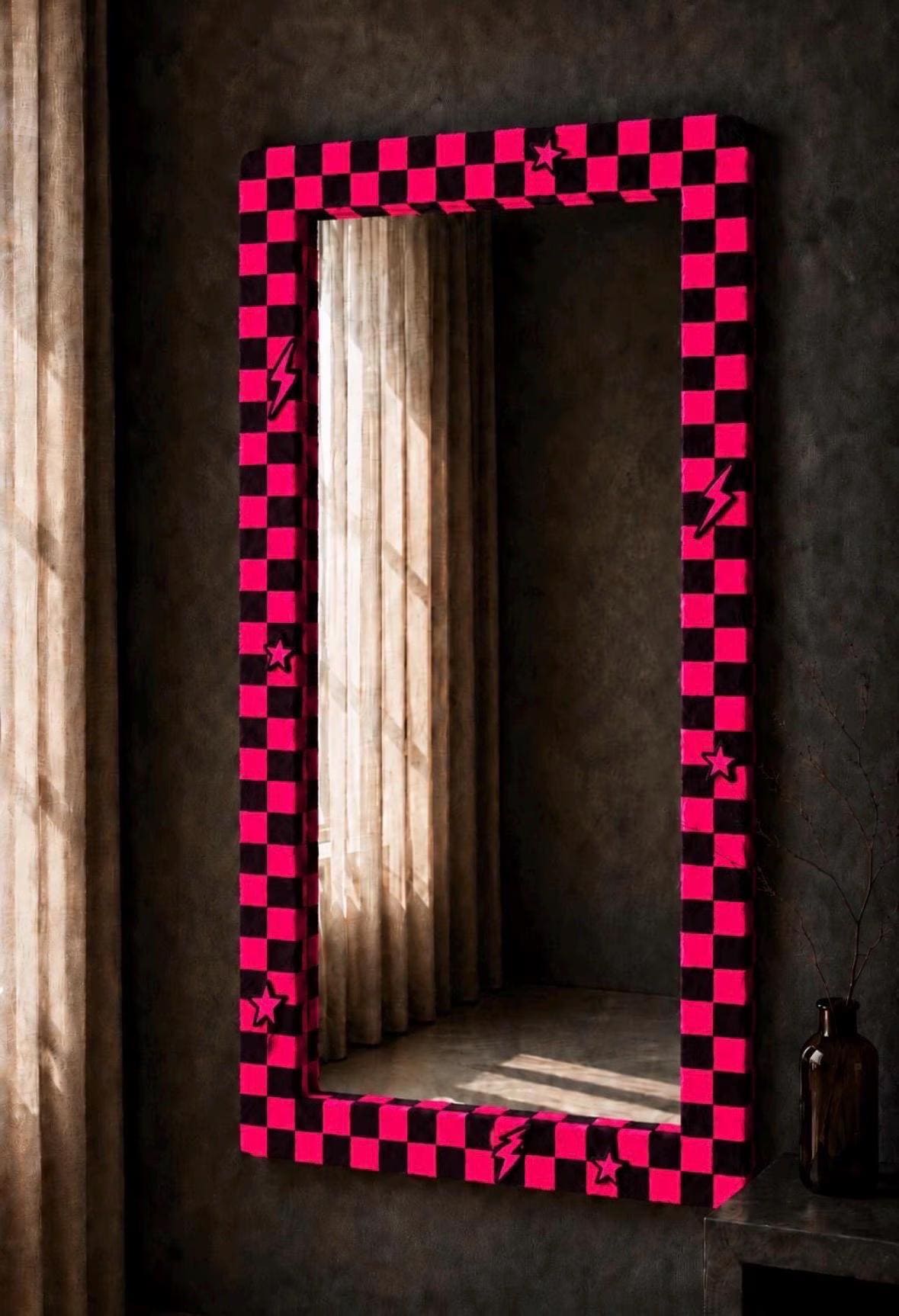 Hand-Tufted Pop Punk Mirror, Pink Black Checkerboard Lightning Wall Art