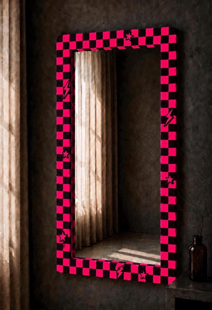 Hand-Tufted Pop Punk Mirror, Pink Black Checkerboard Lightning Wall Art