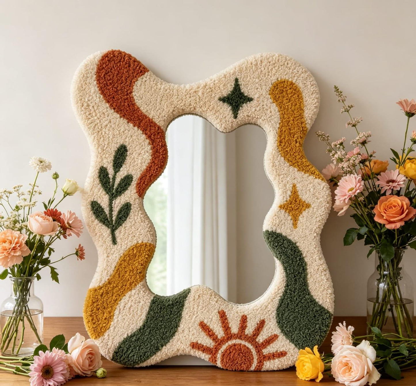 Tufted Wavy Mirror, Punch Needle Sun Art, Boho Room Decor