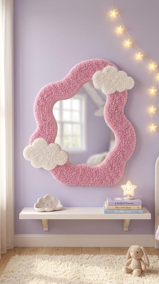 Pink Cloud Mirror, Tufted Wall Mirror, Wavy Mirror, Cute Room Decor, Nursery Wall Decor, Handmade Mirror, Aesthetic Bedroom Decor
