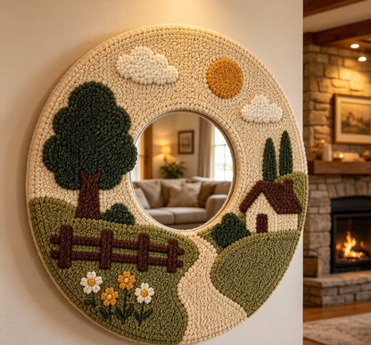 Tufted Landscape Mirror, Round Scenery Wall Art, Punch Needle Cozy Farmhouse Decor