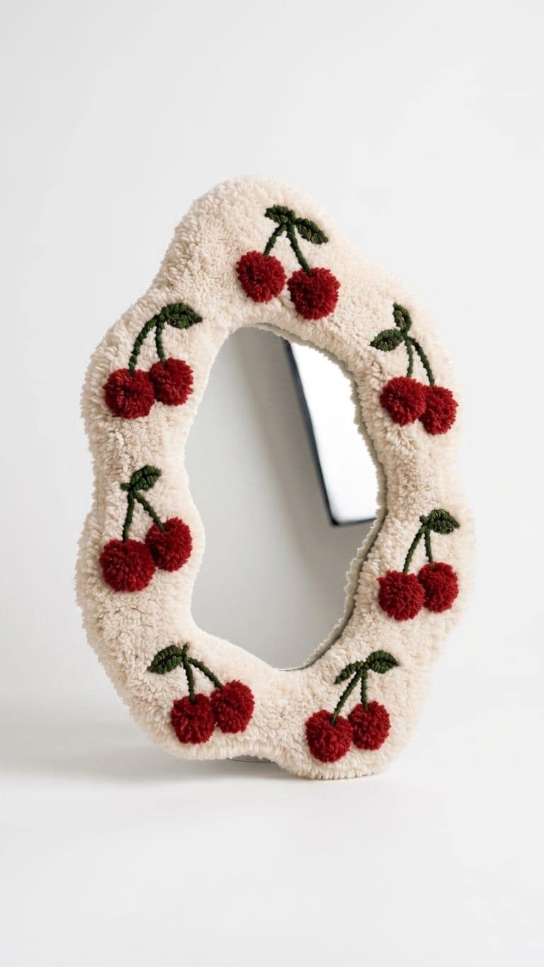 Tufted Cherry Mirror | Wavy Punch Needle Wall Art, Coquette Room Decor