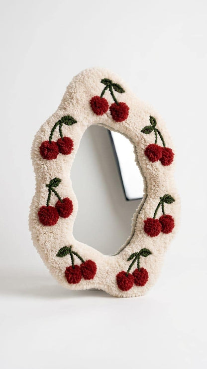 Tufted Cherry Mirror | Wavy Punch Needle Wall Art, Coquette Room Decor