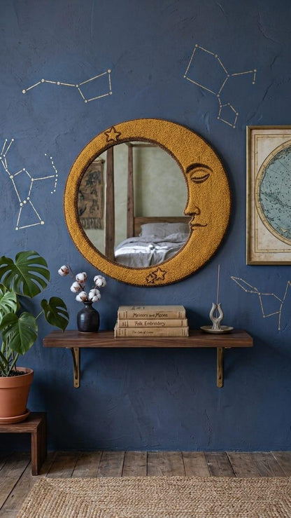 Tufted Celestial Crescent Moon Mirror | Gold Moon Face Punch Needle Wall Art | Mystical Astrology Room Decor | Whimsical Star Accent