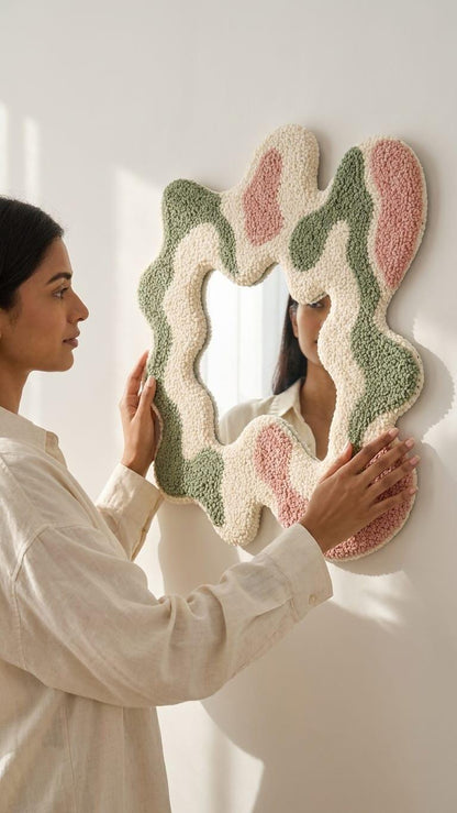 Tufted Wavy Mirror, Punch Needle Wall Art, Sage Green Pink Cream Danish Pastel Decor