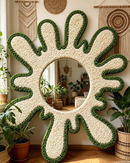 Tufted Splatter Mirror, Olive Green Cream Punch Needle Decor, Boho Room Art