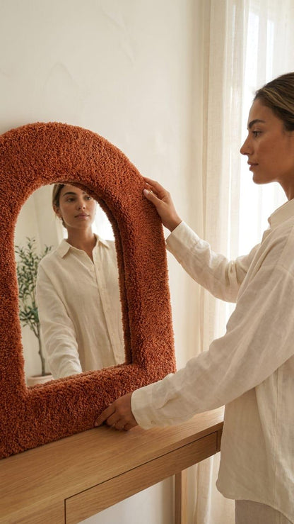 Handmade Bouclé Arch Mirror, Burnt Orange Plush Wall Decor, Cozy Bedroom Vanity Mirror