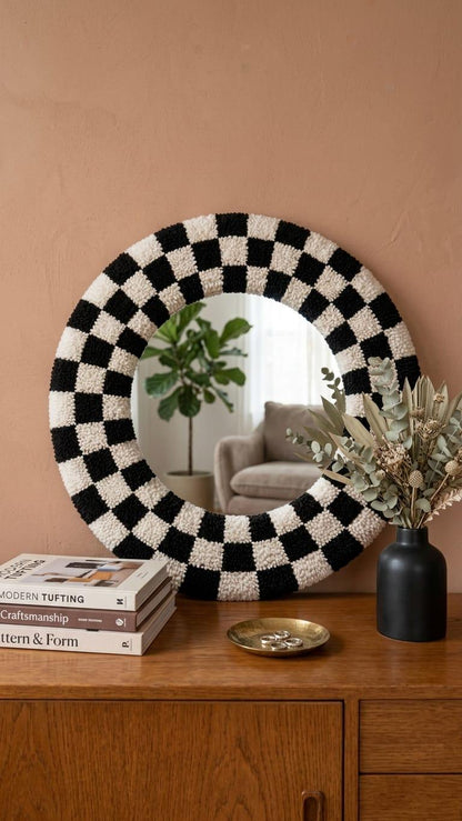 Tufted Checkerboard Mirror | Round Punch Needle Wall Art, Retro Decor