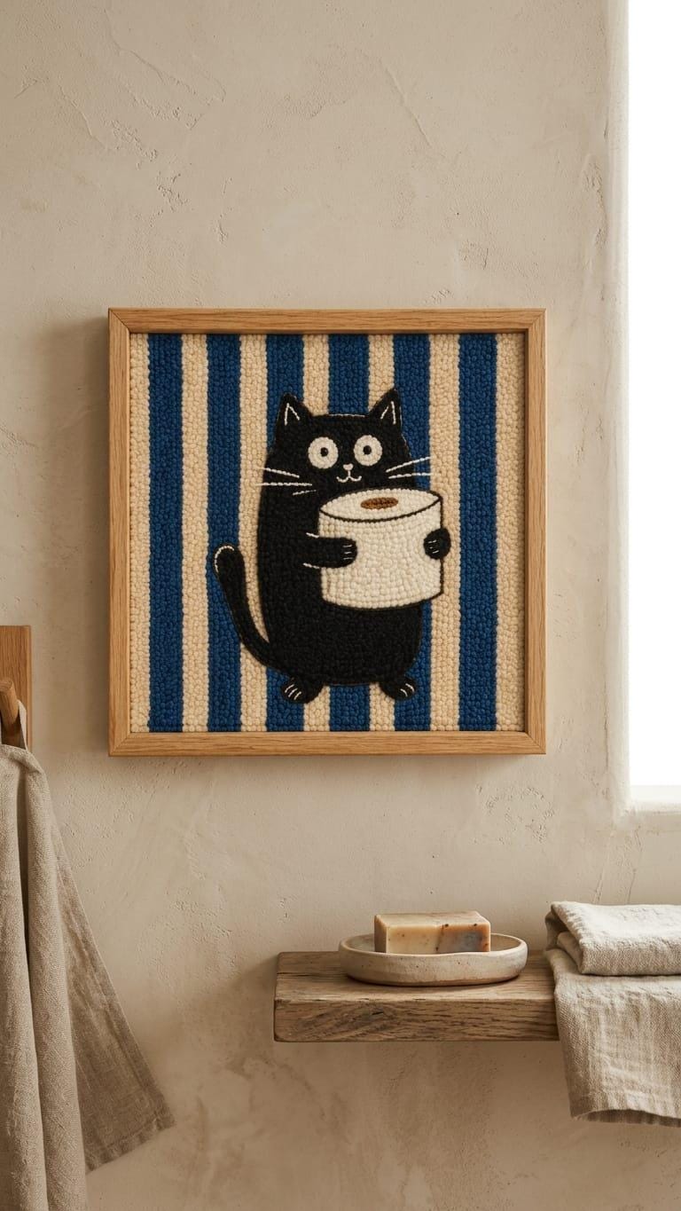 Funny Black Cat Bathroom Wall Art | Tufted Toilet Paper Cat Frame | Punch Needle Restroom Decor | Cat Lover Gift