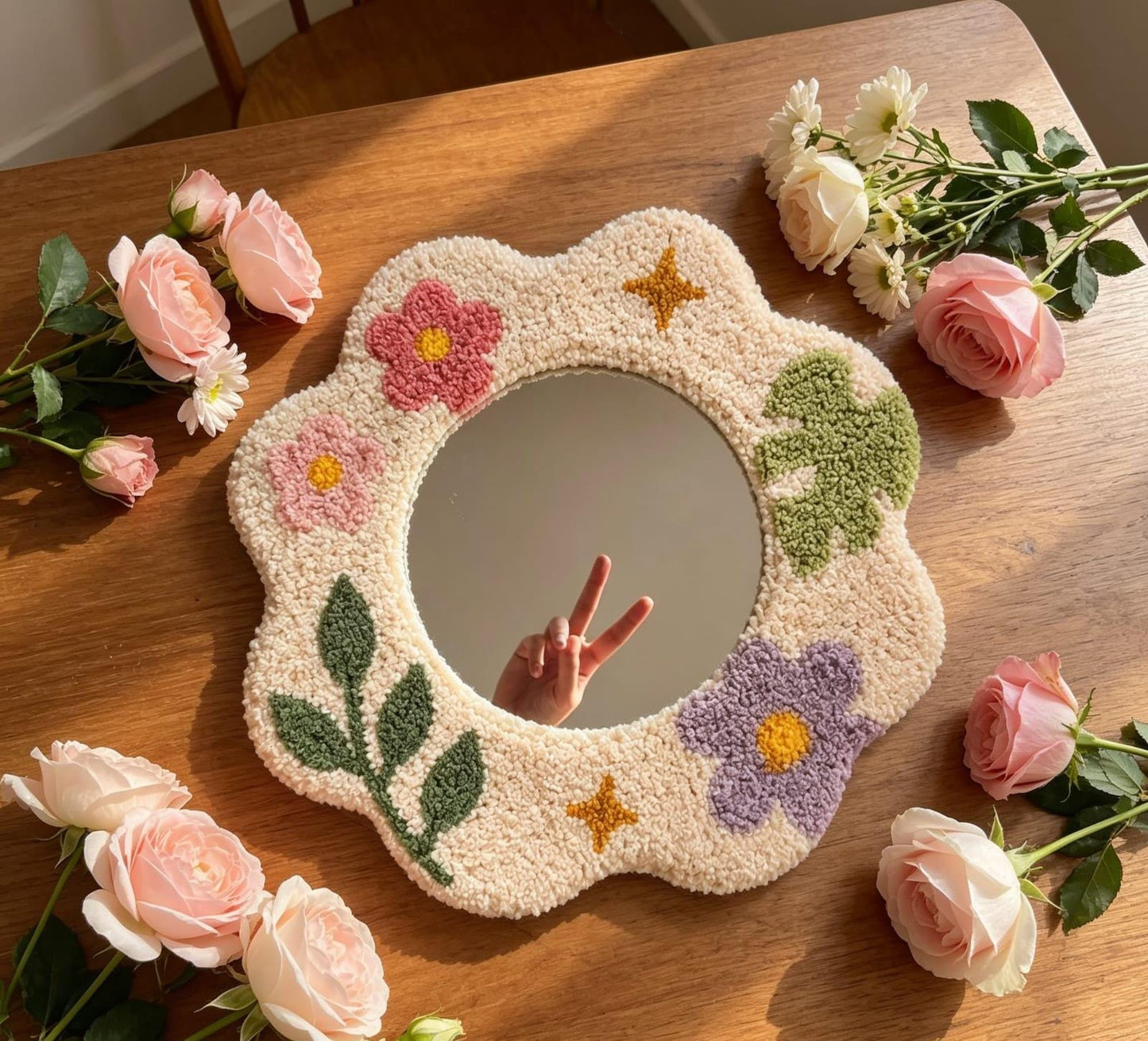 Tufted Floral Mirror, Punch Needle Wavy Room Decor, Pastel Flower Vanity Mirror