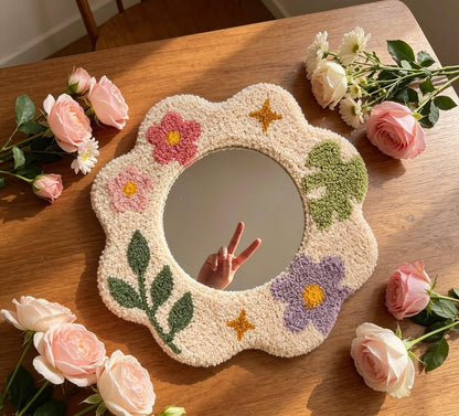 Tufted Floral Mirror, Punch Needle Wavy Room Decor, Pastel Flower Vanity Mirror