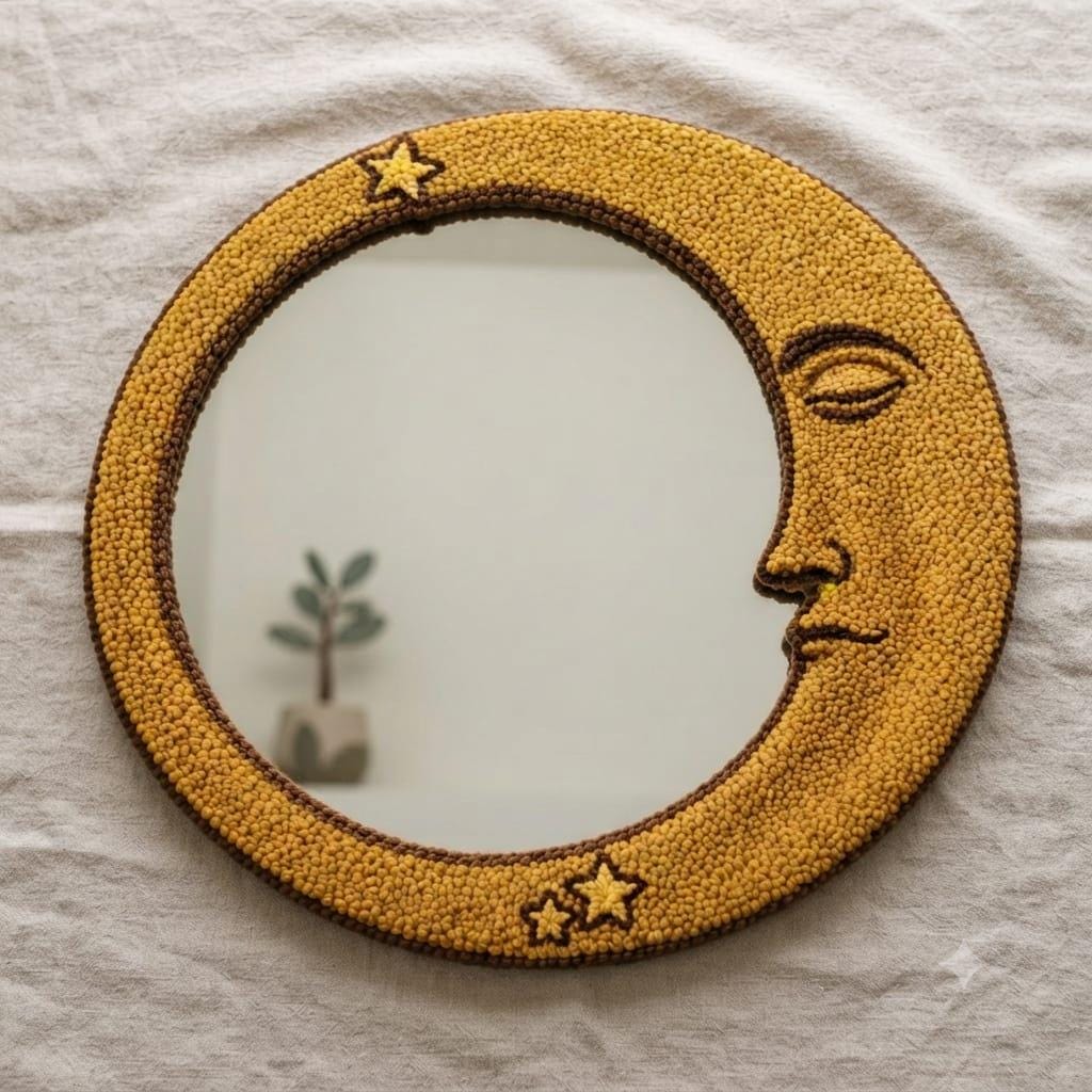 Tufted Celestial Crescent Moon Mirror | Gold Moon Face Punch Needle Wall Art | Mystical Astrology Room Decor | Whimsical Star Accent