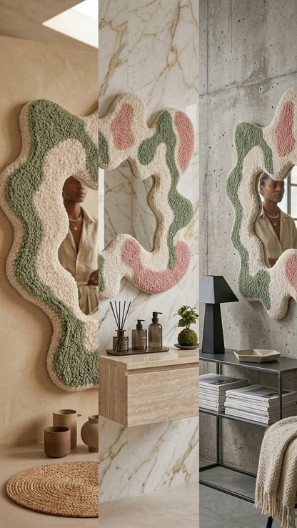 Tufted Wavy Mirror, Punch Needle Wall Art, Sage Green Pink Cream Danish Pastel Decor