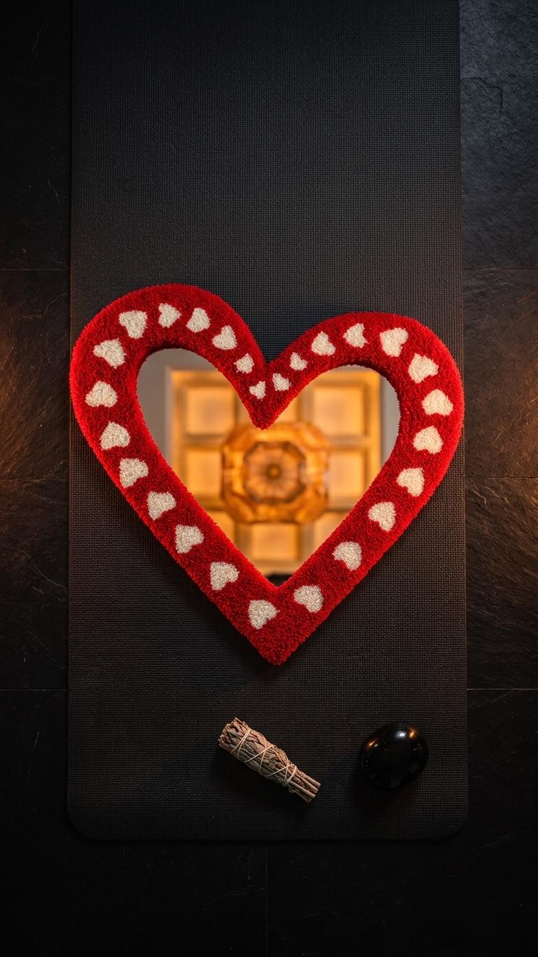 Handmade Heart Tufted Mirror, Red Plush Wall Decor, Romantic Valentine Room Accent