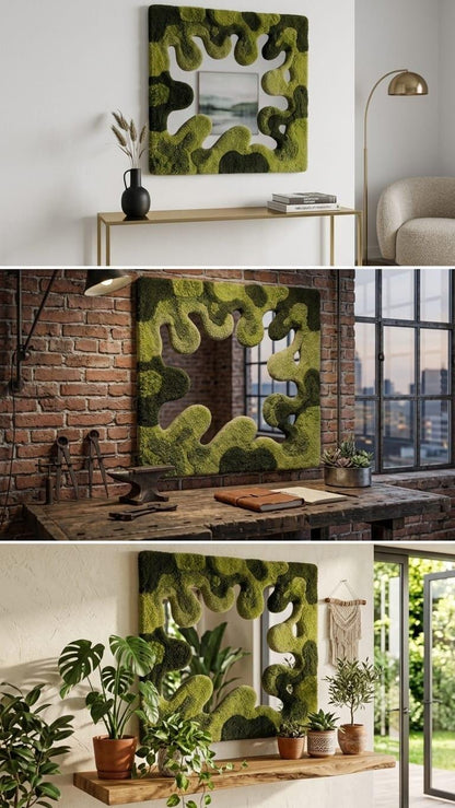 Tufted Moss Mirror | Wavy Punch Needle Wall Art, Organic Modern Decor