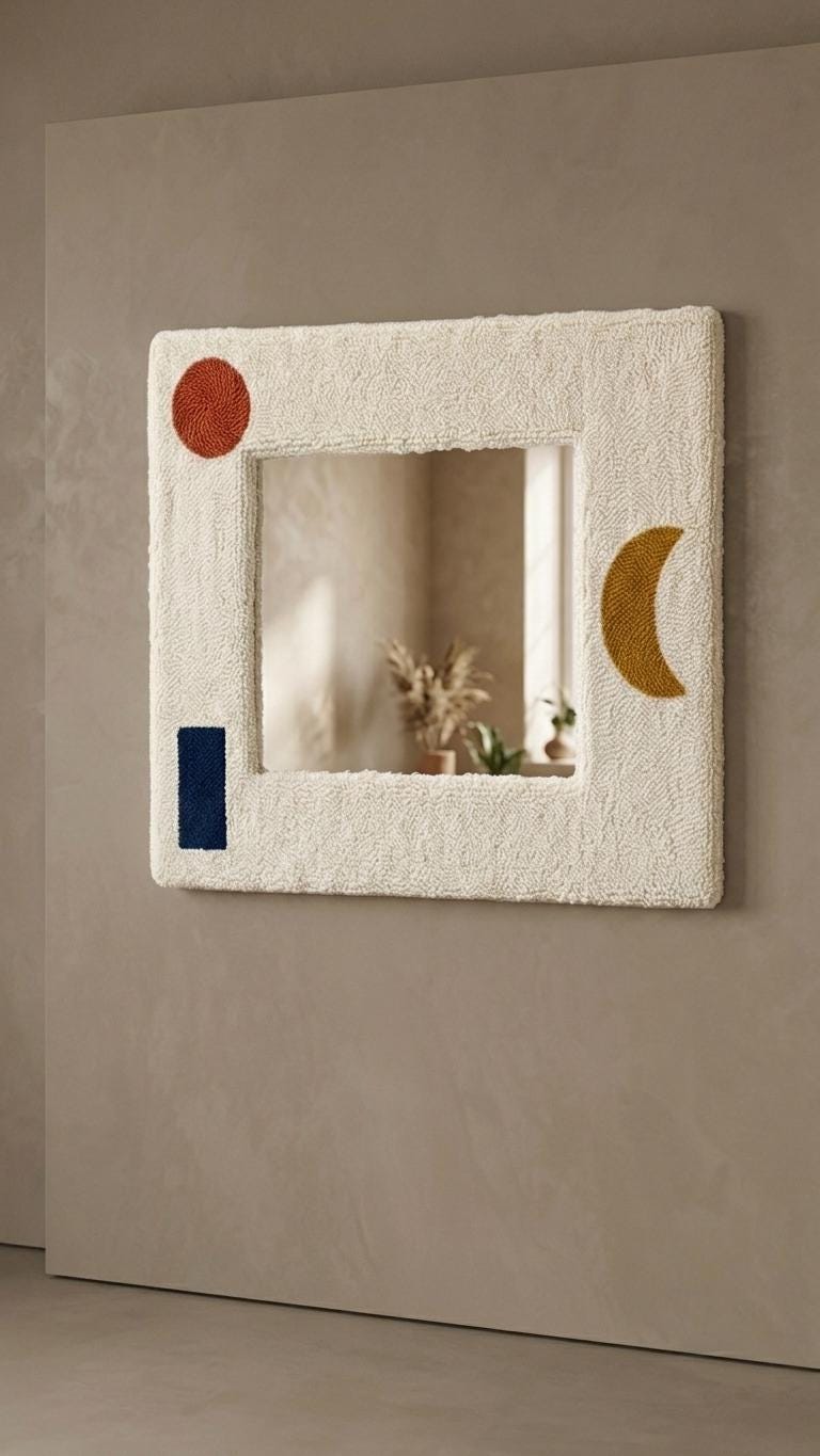 Punch Needle Mirror, Tufted Geometric Boho Wall Decor, Mid Century Abstract Cosmetic Mirror