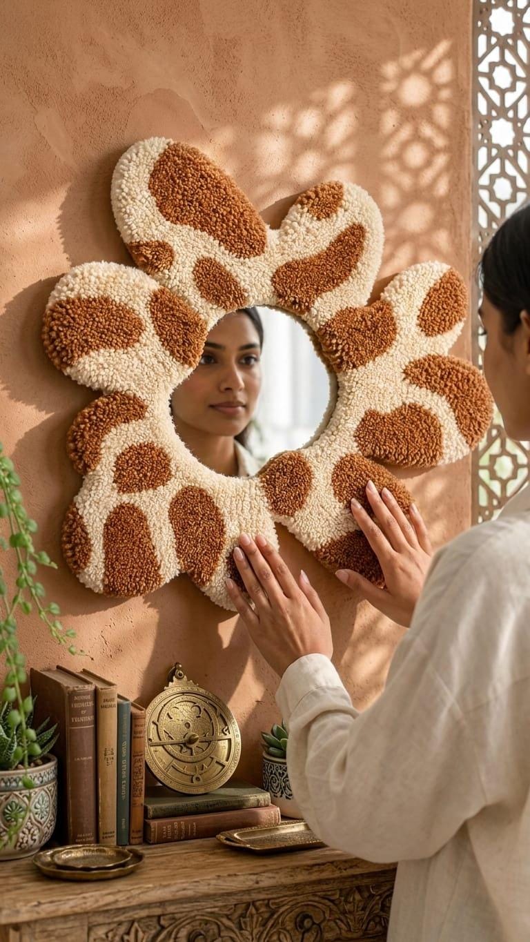 Tufted Flower Mirror | Giraffe Print Punch Needle Wall Art | Boho Decor