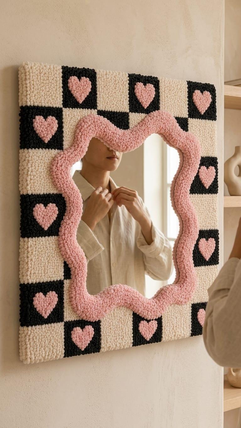 Hand-Tufted Checkerboard Mirror with Pink Hearts, Punch Needle Wall Art