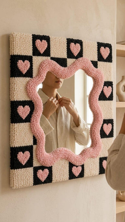 Hand-Tufted Checkerboard Mirror with Pink Hearts, Punch Needle Wall Art