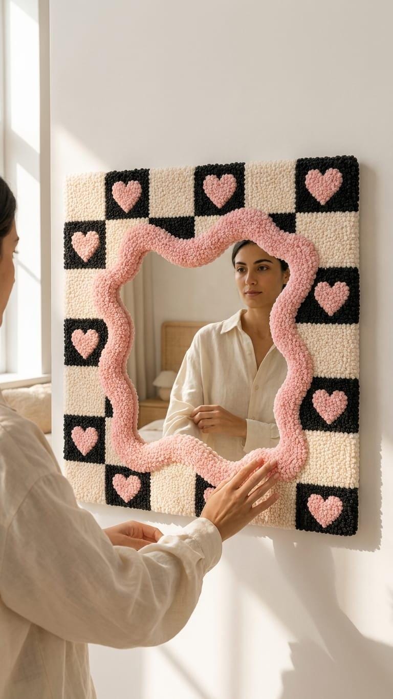 Hand-Tufted Checkerboard Mirror with Pink Hearts, Punch Needle Wall Art