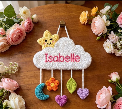 Personalized Cloud Name Sign, Tufted Punch Needle Wall Art, Baby Girl Nursery Decor
