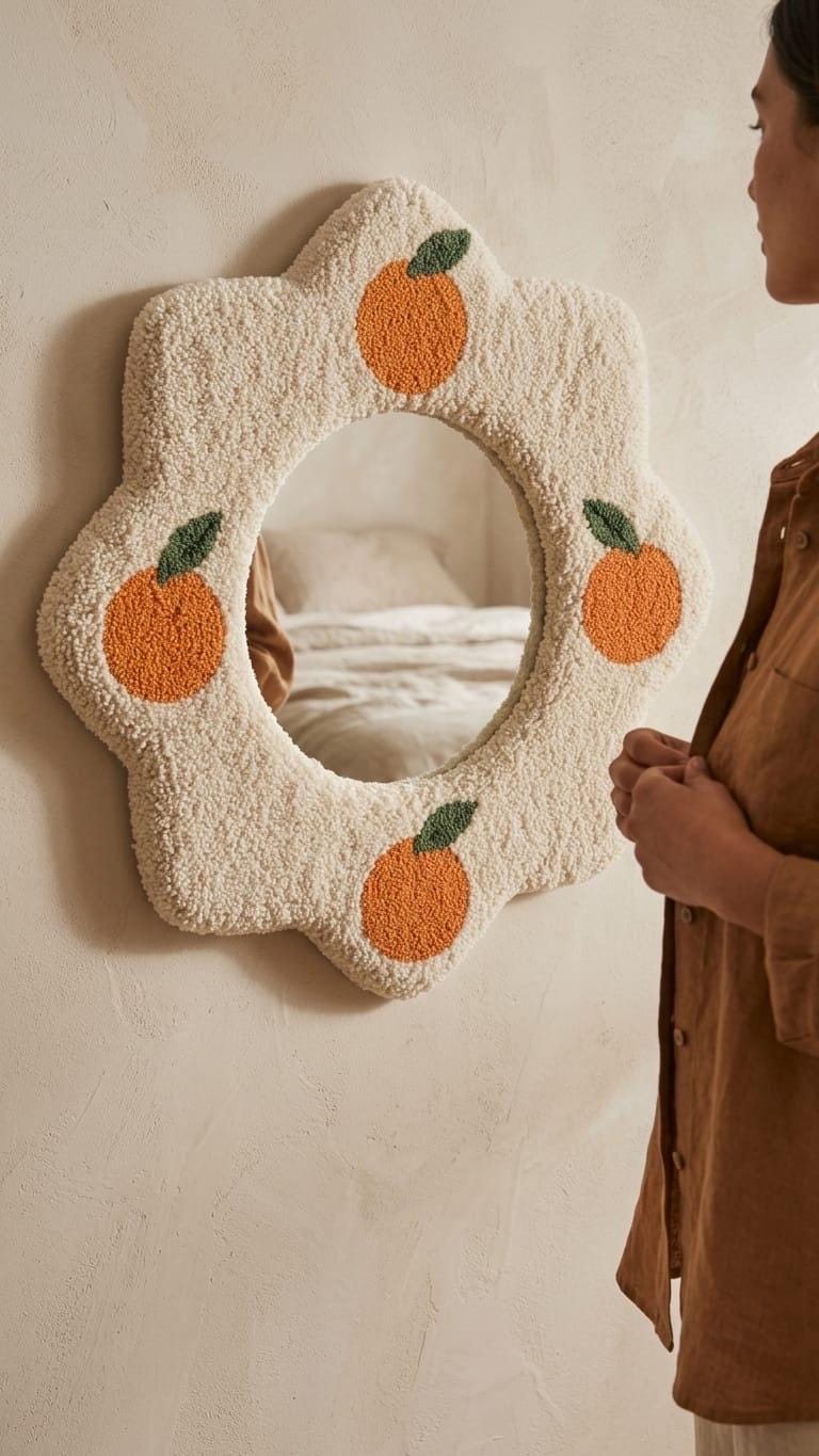 Tufted Orange Fruit Mirror | Flower Punch Needle Wall Art | Boho Wavy Cream Mirror