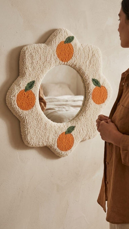 Tufted Orange Fruit Mirror | Flower Punch Needle Wall Art | Boho Wavy Cream Mirror