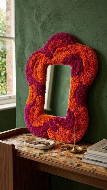 Tufted Wavy Mirror | Punch Needle Wall Art, Orange Pink Abstract Decor