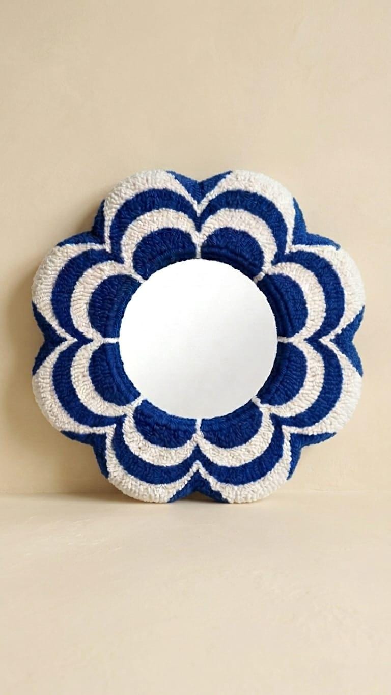 Tufted Flower Mirror, Blue White Wavy Punch Needle Desk Decor