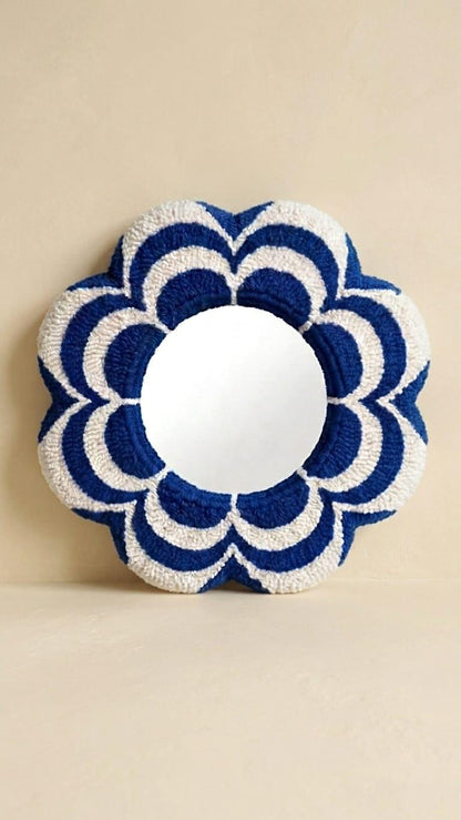 Tufted Flower Mirror, Blue White Wavy Punch Needle Desk Decor